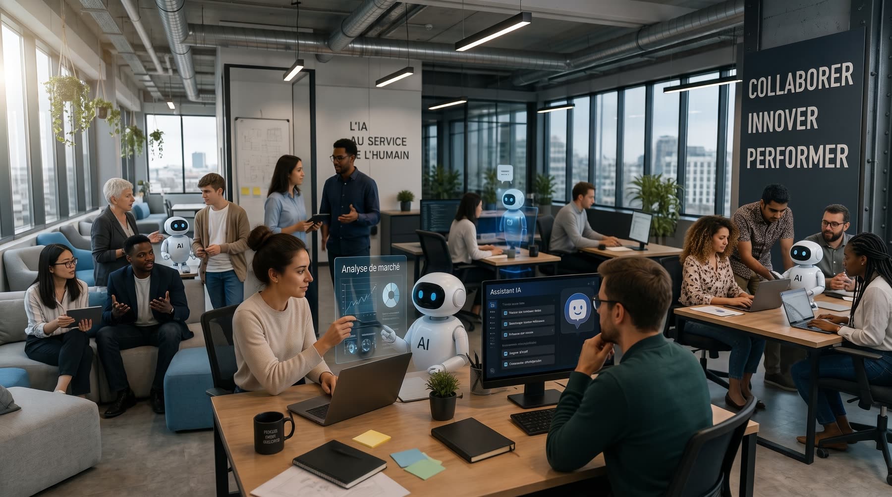 Une équipe travaille aux côtés d'agents IA : analyse de marché, assistant IA, collaboration